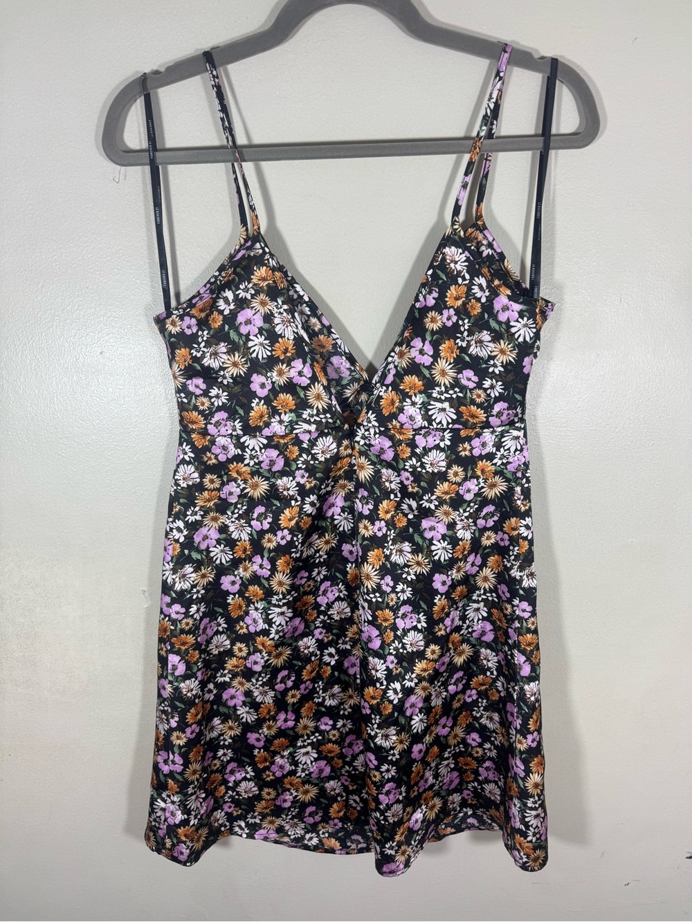 Forever 21 Black Floral Mini Slip Dress with Purple, Orange & White Flowers